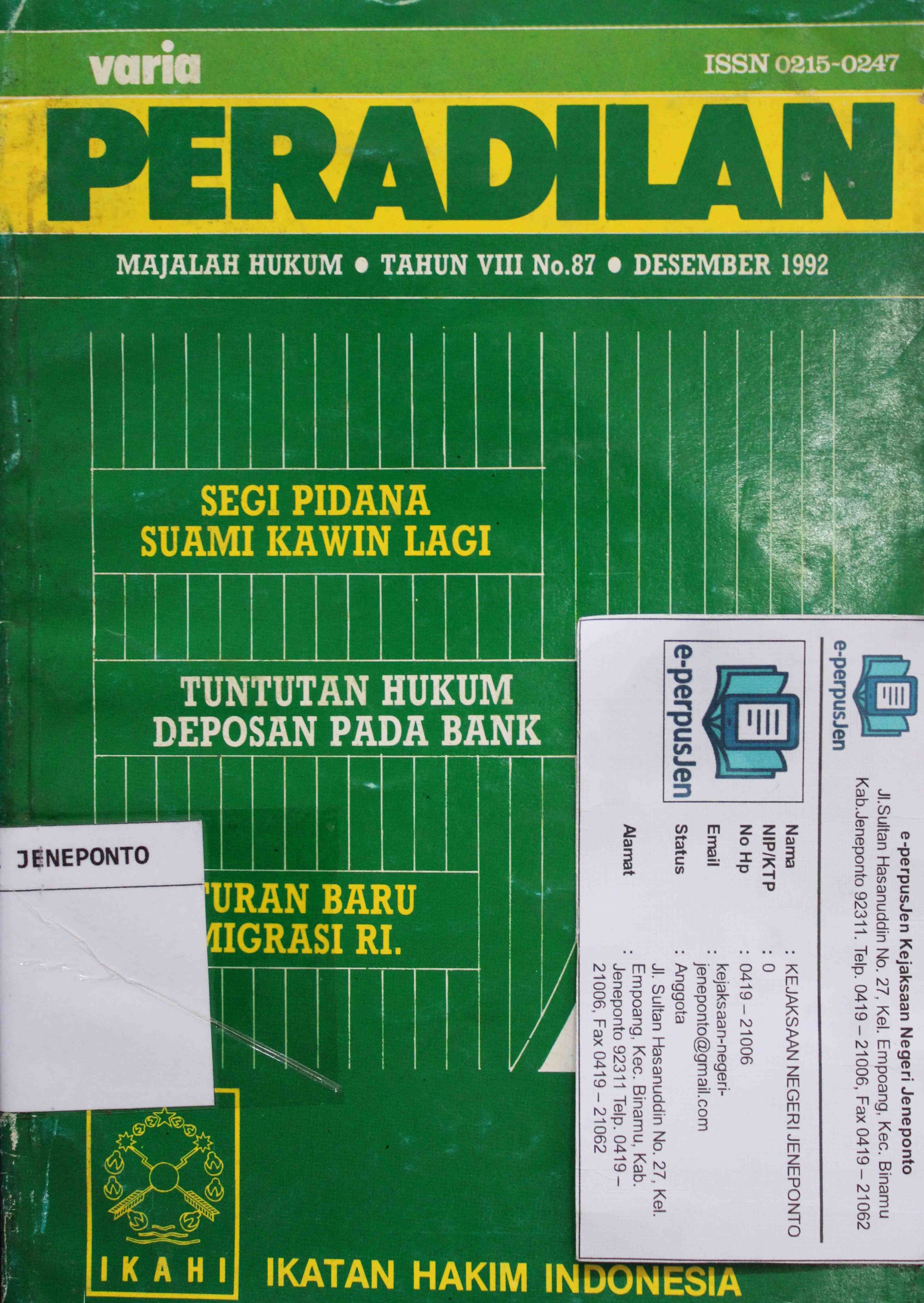 Varia Peradilan Majalah Hukum Tahun VIII No 87 Desember 1992